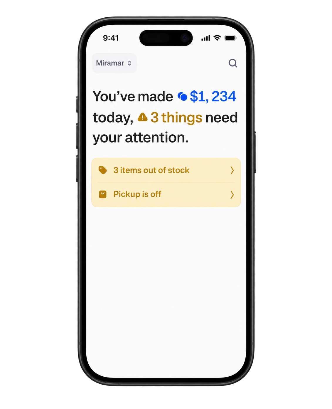 Bookdshop app — today's revenue and 2 things needing attention
