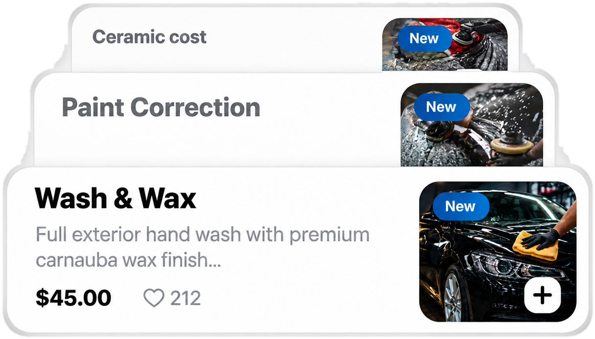 Ceramic Coat, Paint Correction, and Wash & Wax service cards